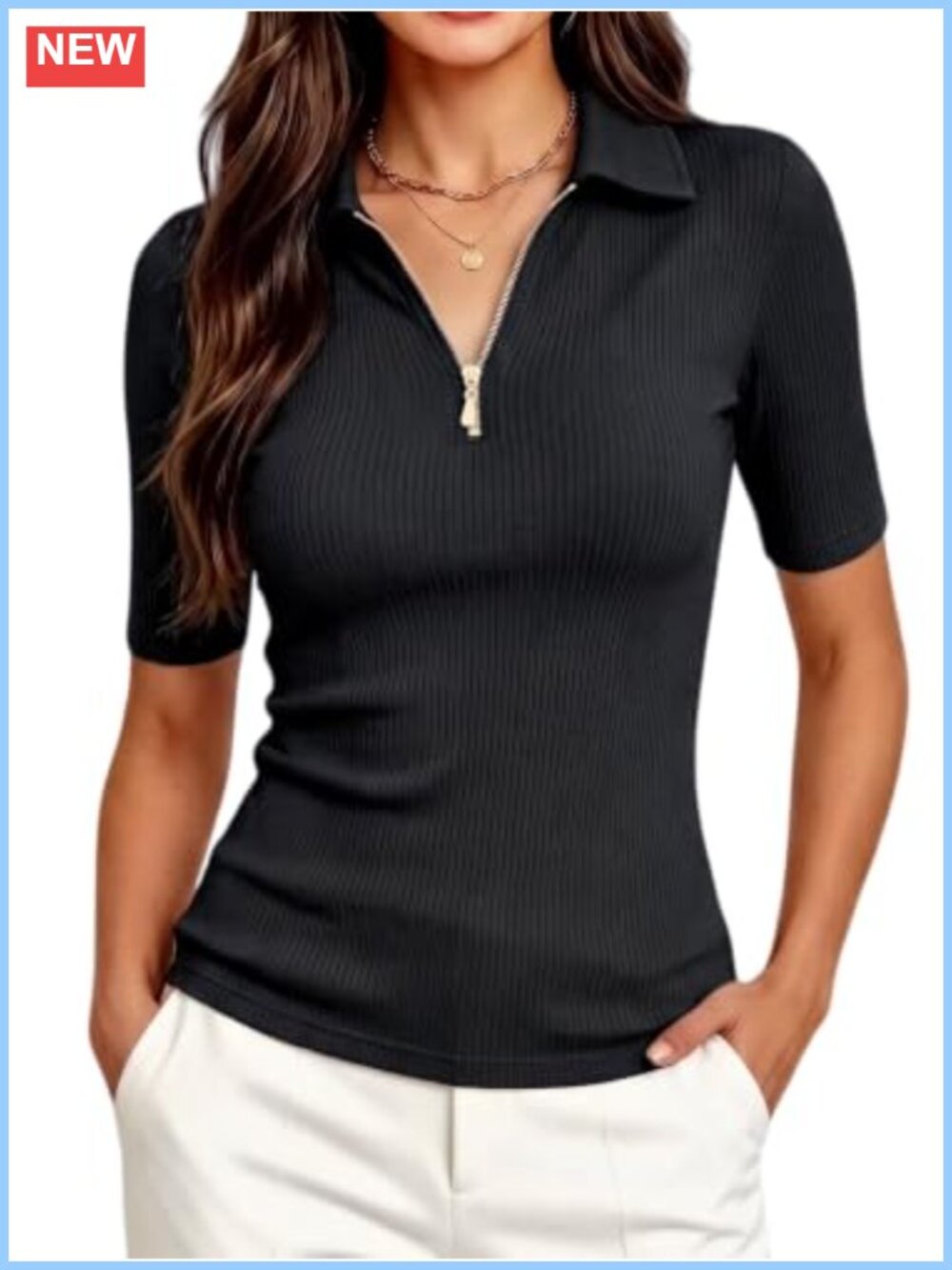 Women's Half Sleeve Zip Work Blouse Fitted Business Shirt Rayon Spandex